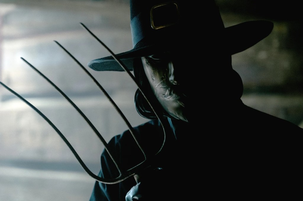 This image released by Sony Pictures shows a scene from the horror film “Thanksgiving.”